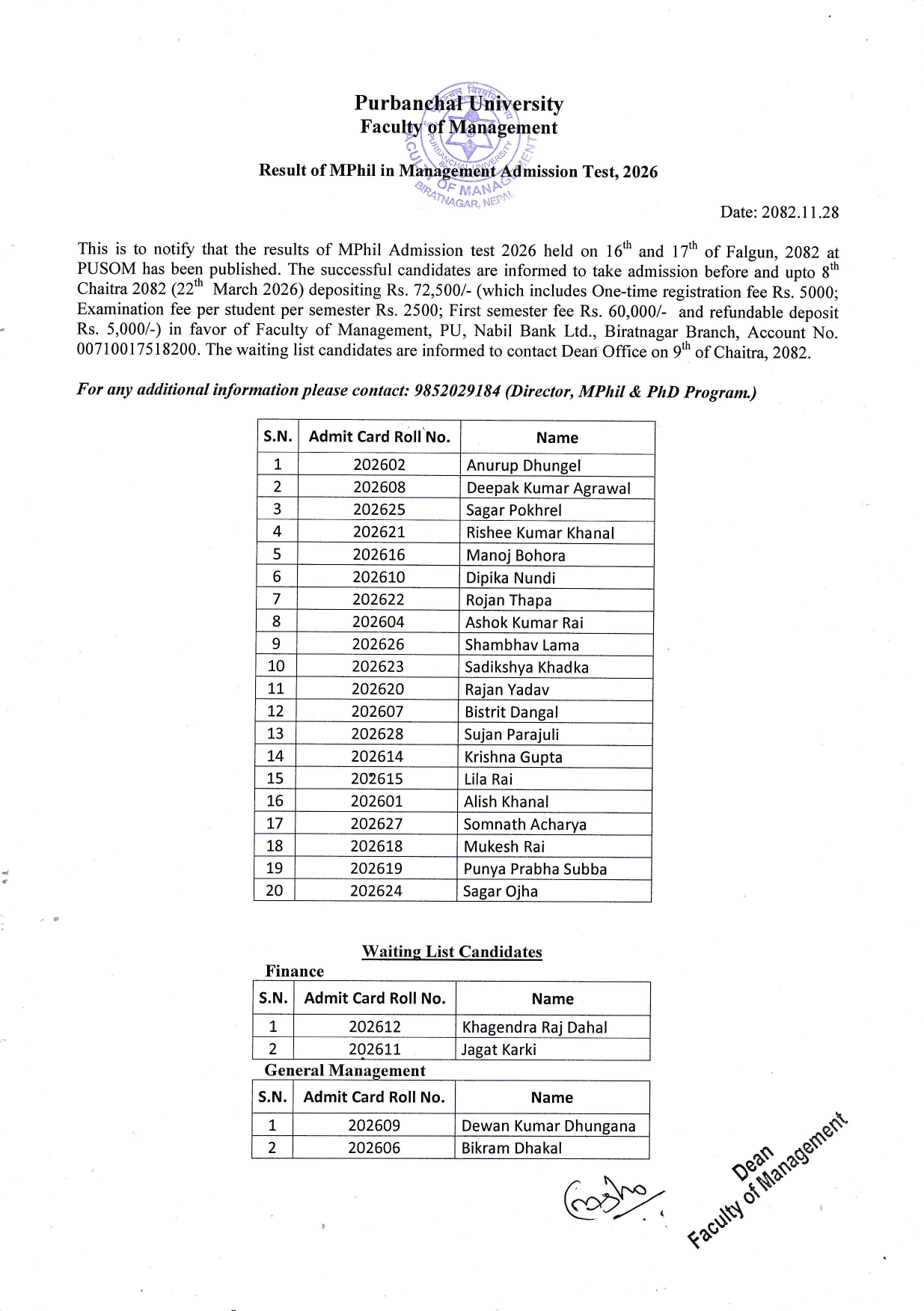 Mphil Entrance result
